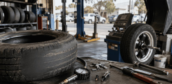 Worn tyre and inspection tools inside a realistic Australian tyre workshop.