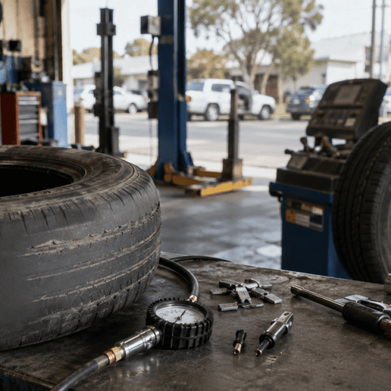 Worn tyre and inspection tools inside a realistic Australian tyre workshop.
