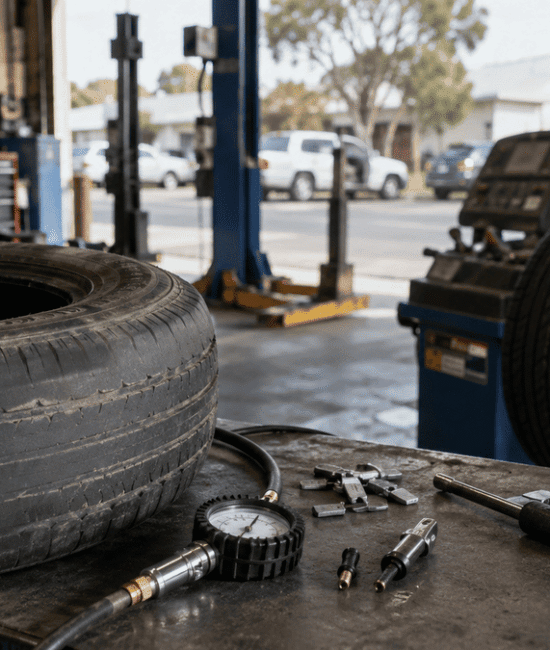 Worn tyre and inspection tools inside a realistic Australian tyre workshop.