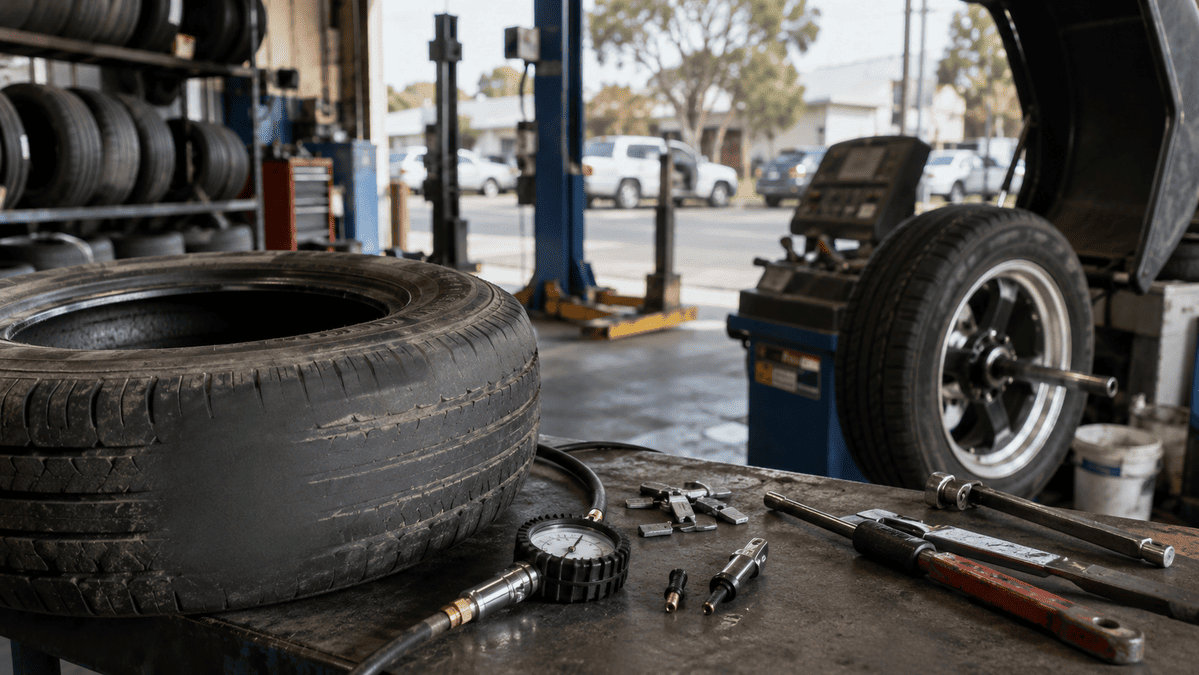 Worn tyre and inspection tools inside a realistic Australian tyre workshop.