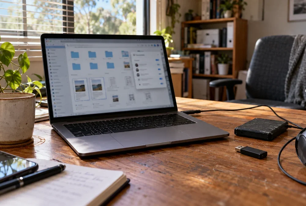 Laptop displaying shared folders on a home office desk.