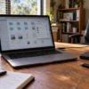 Laptop displaying shared folders on a home office desk.