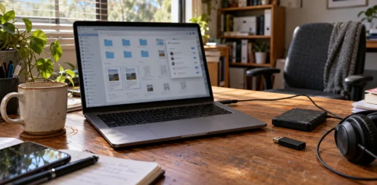 Laptop displaying shared folders on a home office desk.