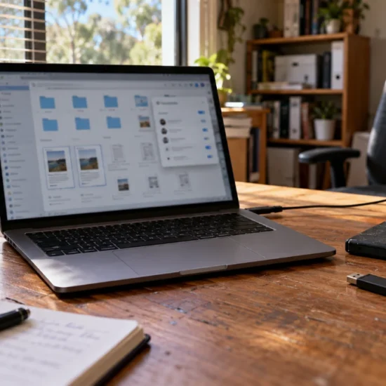 Laptop displaying shared folders on a home office desk.