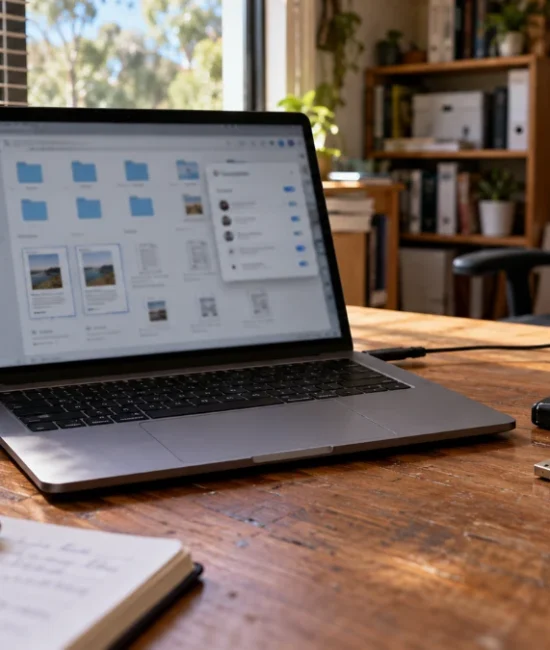 Laptop displaying shared folders on a home office desk.