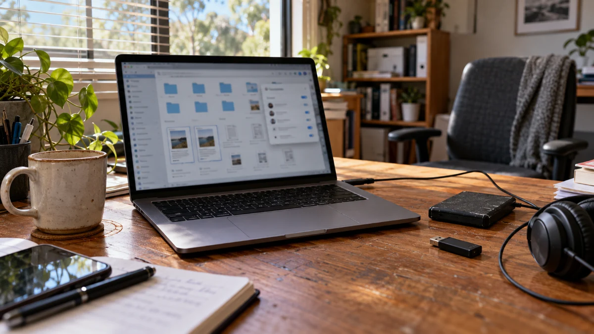 Laptop displaying shared folders on a home office desk.